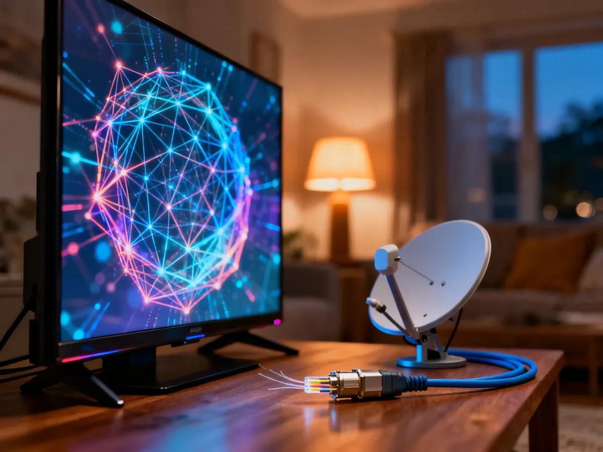 Nowoczesny telewizor z cyfrowym wzorem obok anteny satelitarnej i światłowodu, symbolizujący wybór między technologiami TV.