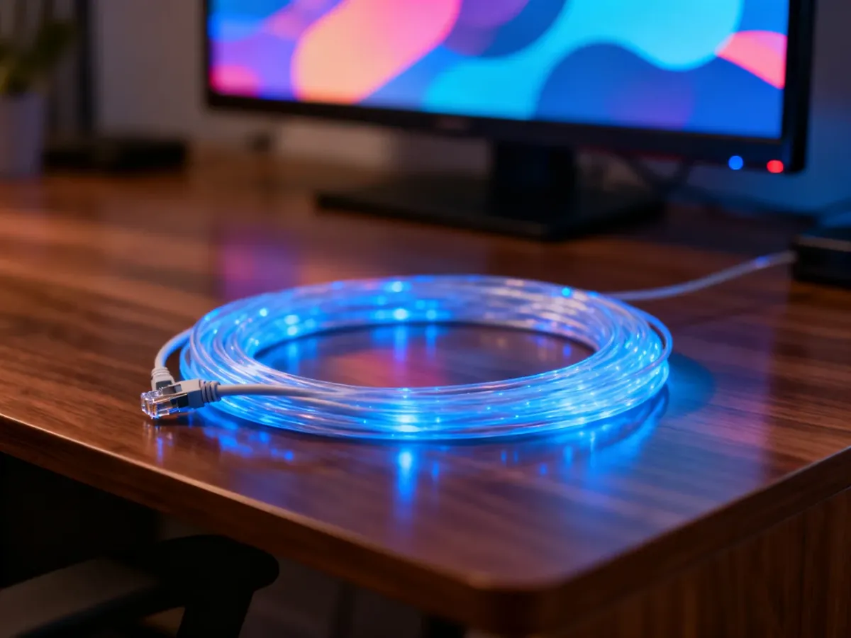 Światłowód z niebieskim podświetleniem na drewnianym biurku, symbolizujący nowoczesne usługi internetowe i telewizyjne.