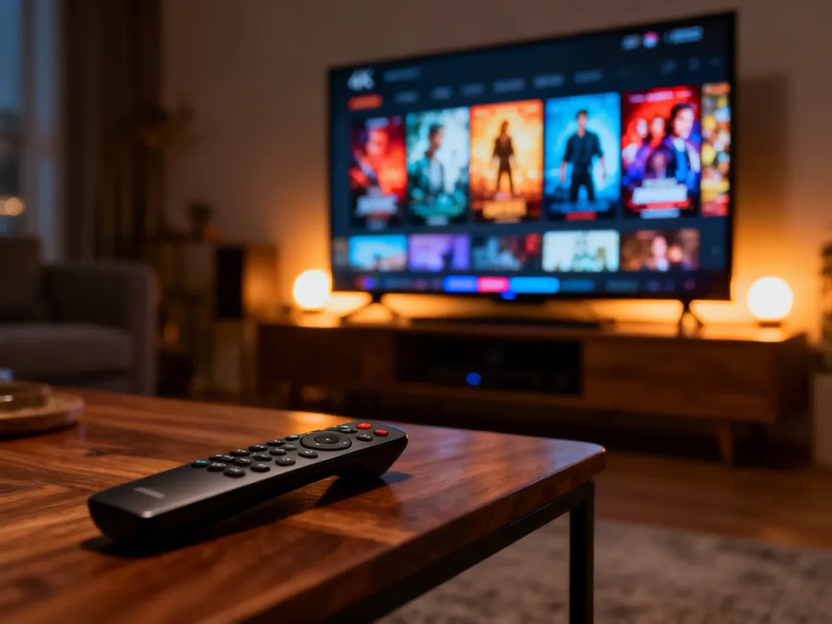 Nowoczesny telewizor z interfejsem platformy streamingowej w przytulnym salonie, zachęcający do oglądania filmów.