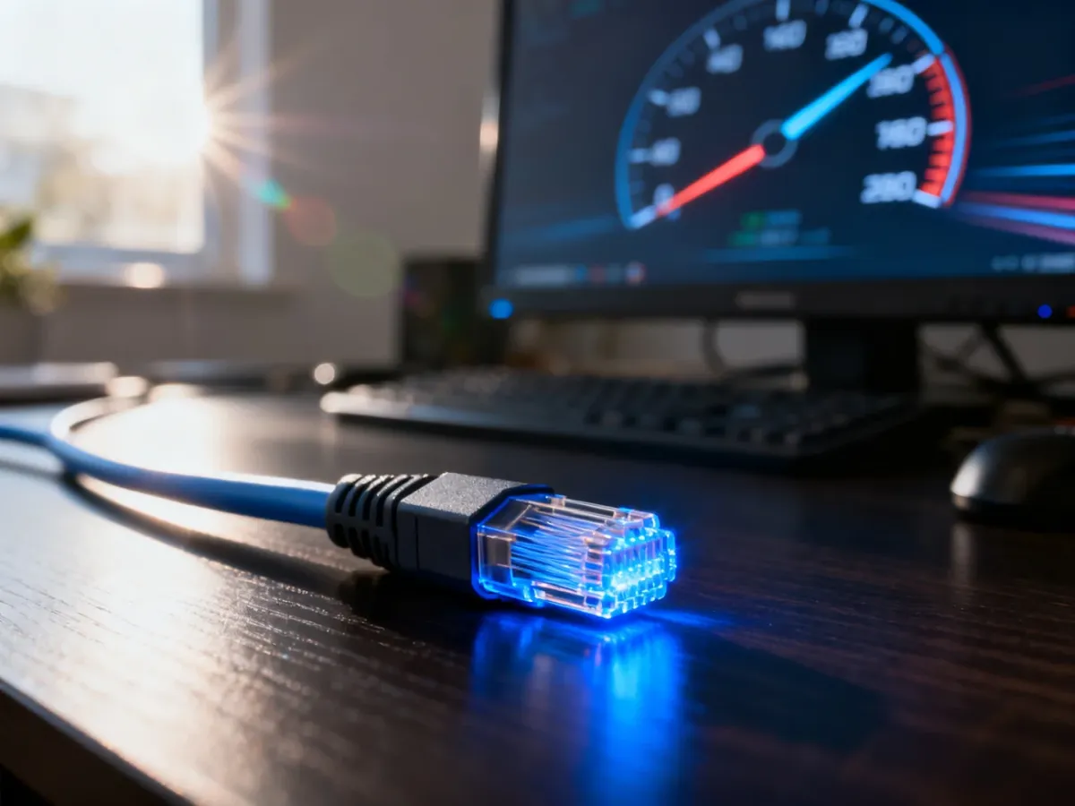 Światłowodowy kabel z niebieskim podświetleniem na tle ekranu z prędkościomierzem internetowym.