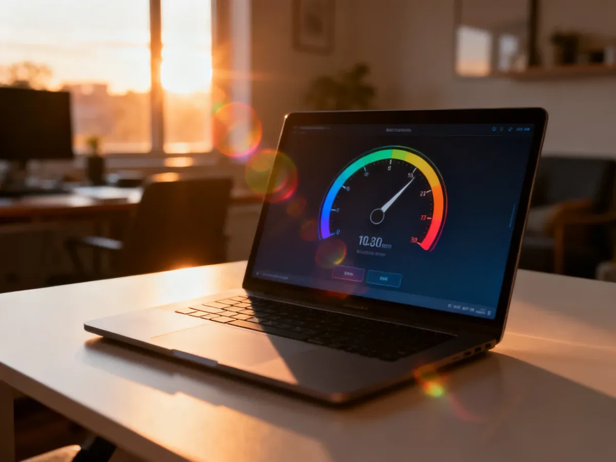 Nowoczesny laptop z wyświetlonym wynikiem testu prędkości łącza internetowego na tle przytulnego domowego biura.