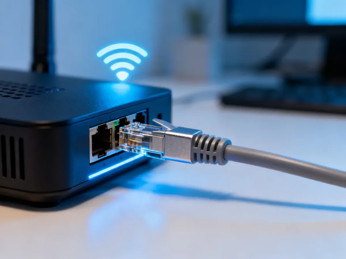 Kabel Ethernet wpięty do routera w nowoczesnym biurze, symbolizujący stabilne i szybkie połączenie przewodowe.