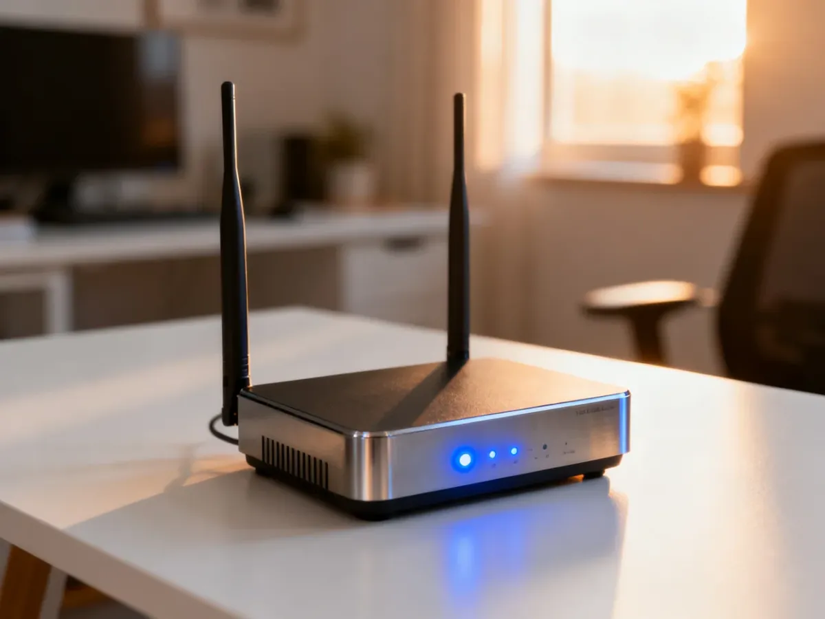 Nowoczesny wzmacniacz sygnału Wi-Fi z podświetlanymi diodami LED, umieszczony na biurku w domowym biurze.