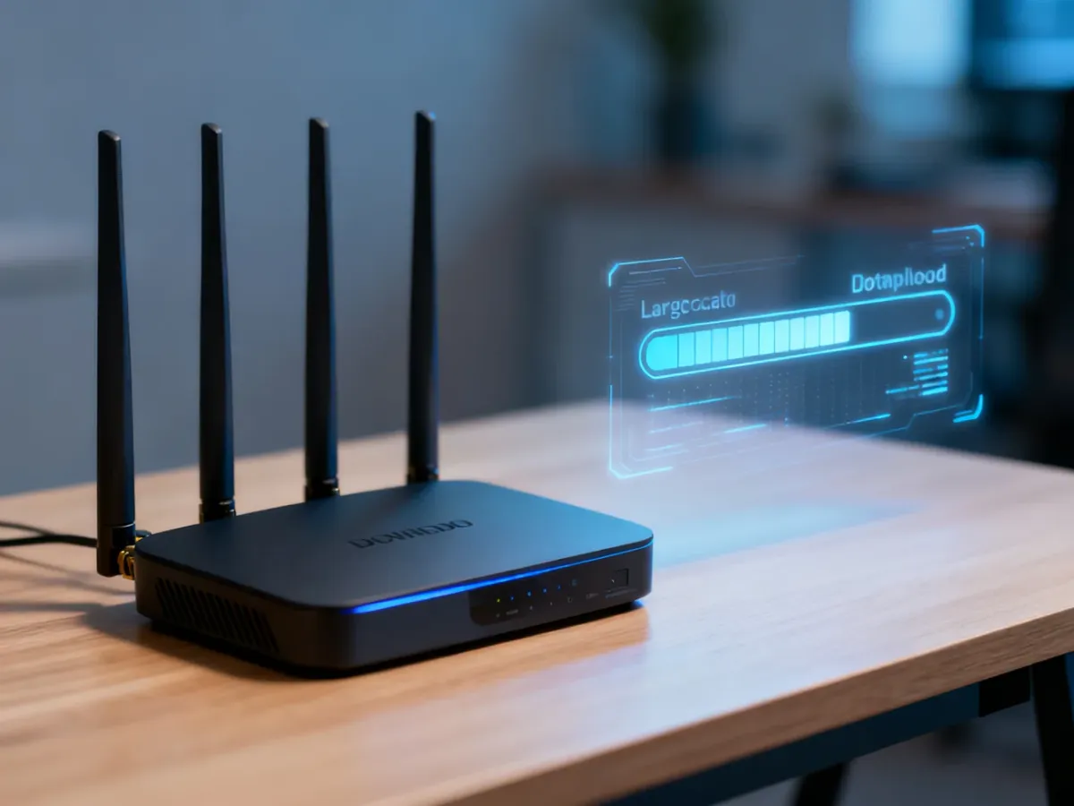 Nowoczesny router na drewnianym biurku z hologramem paska pobierania danych, symbolizujący pojemność pakietu internetowego.