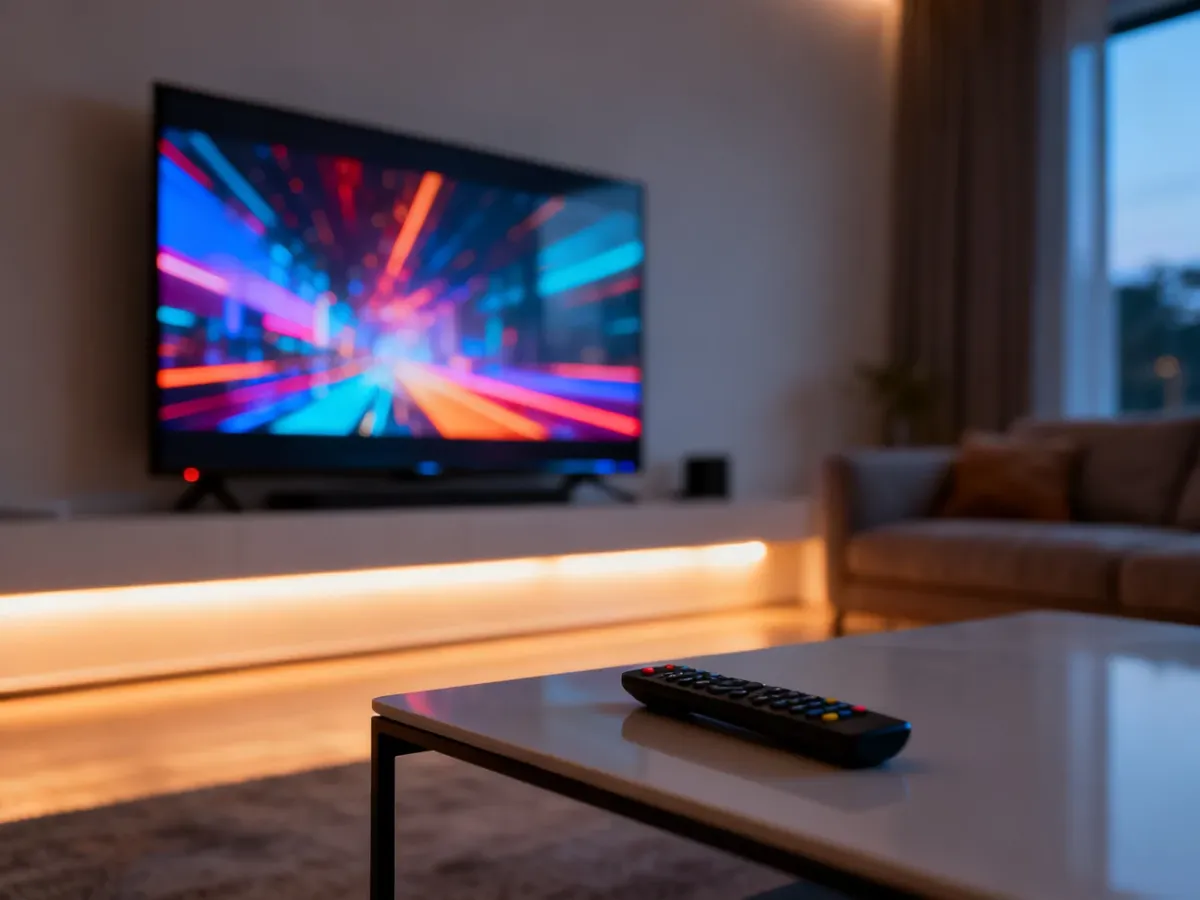 Nowoczesny salon z dużym telewizorem 4K wyświetlającym barwną grafikę, podkreślający wysoką jakość multimediów.
