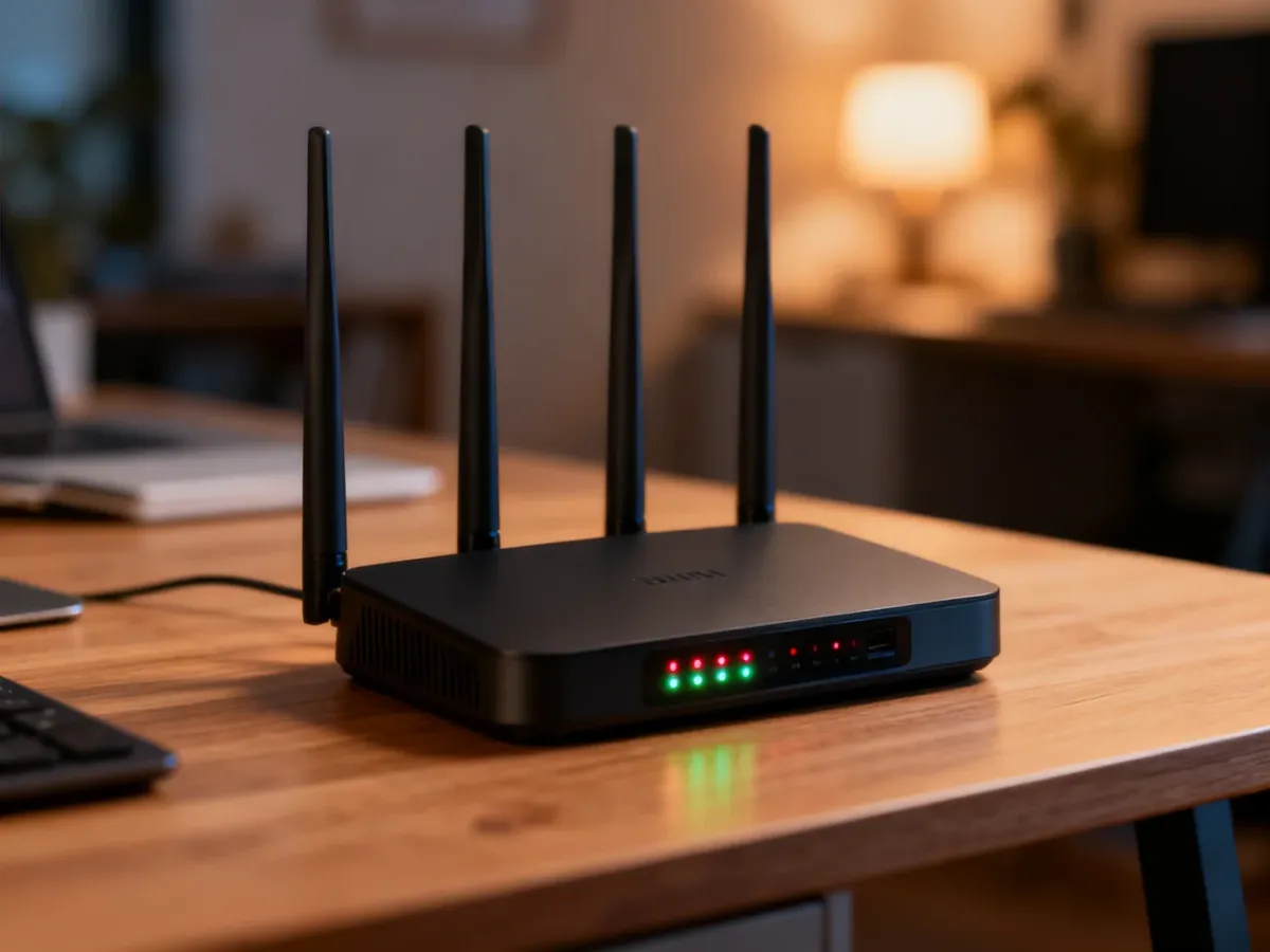 Nowoczesny router Wi-Fi na drewnianym biurku w domowym biurze. Ostre zbliżenie na diody urządzenia.