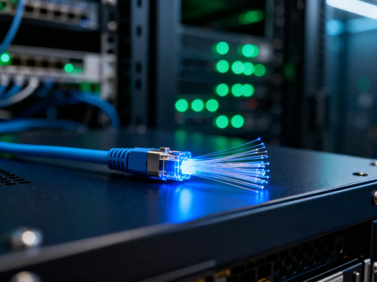Światłowód z niebieskim podświetleniem na tle serwerowni, ilustrujący działanie technologii FTTB.