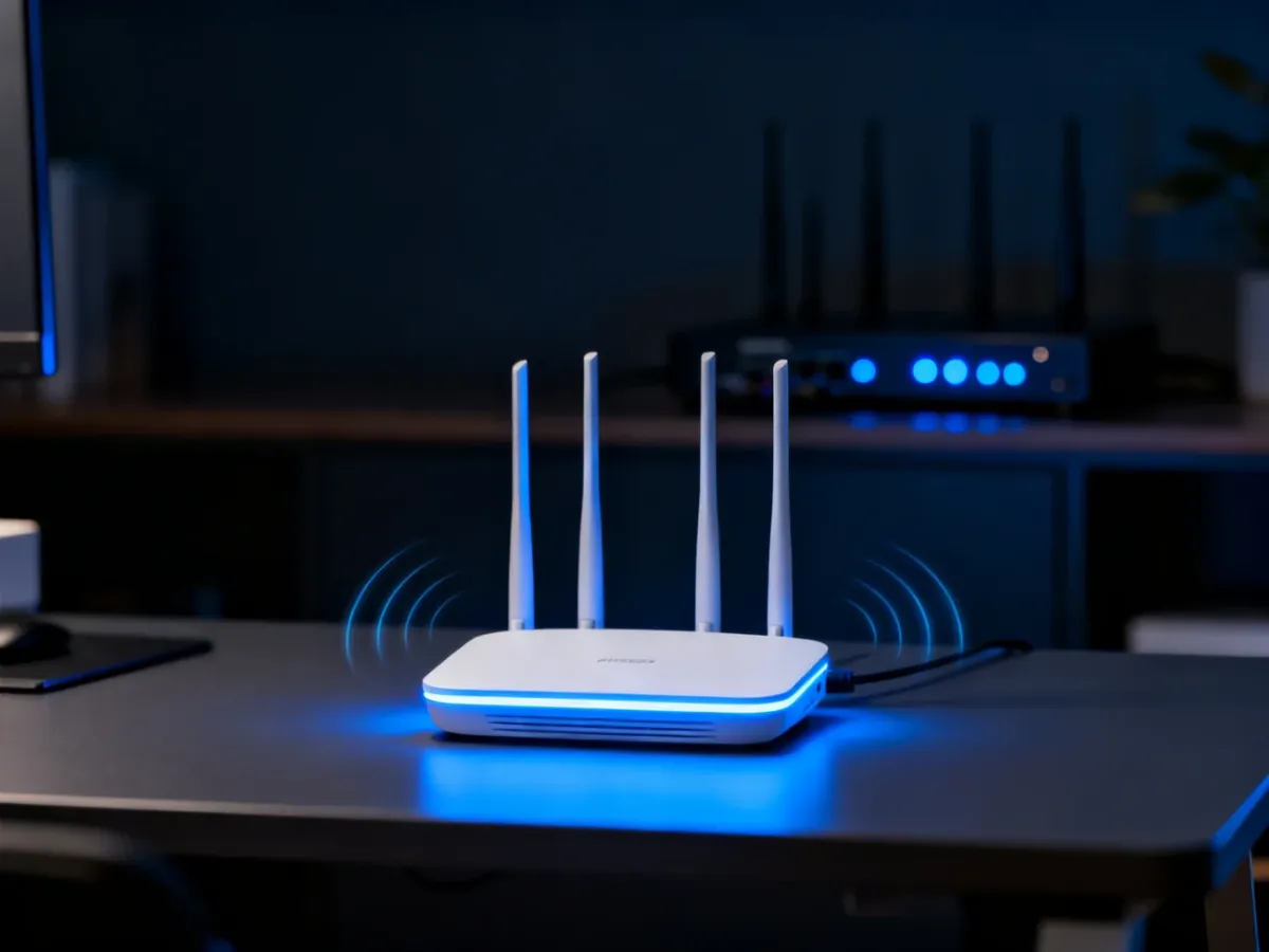 Nowoczesny router Wi-Fi na biurku z delikatną poświatą, symbolizujący domową sieć bezprzewodową.