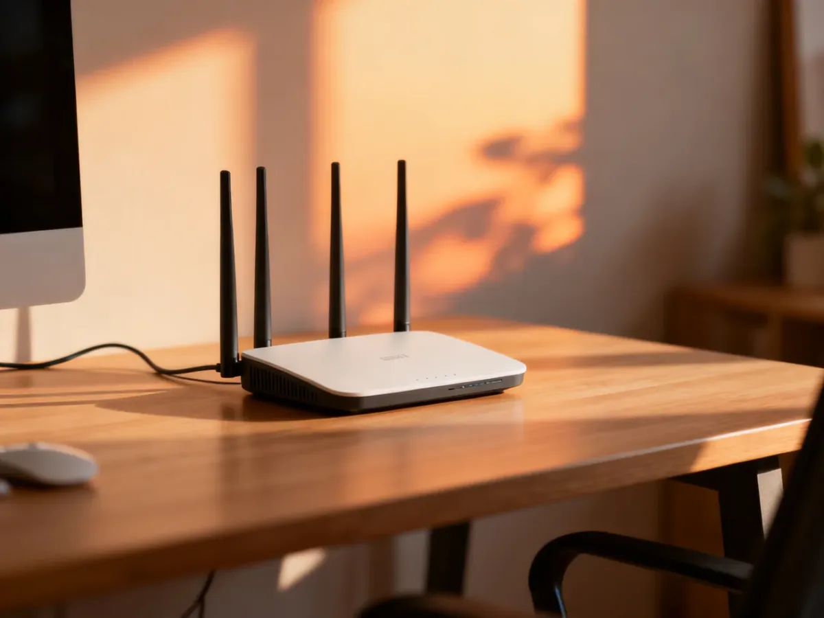 Nowoczesny router Wi-Fi na drewnianym biurku w przytulnym domowym biurze oświetlonym promieniami zachodzącego słońca.