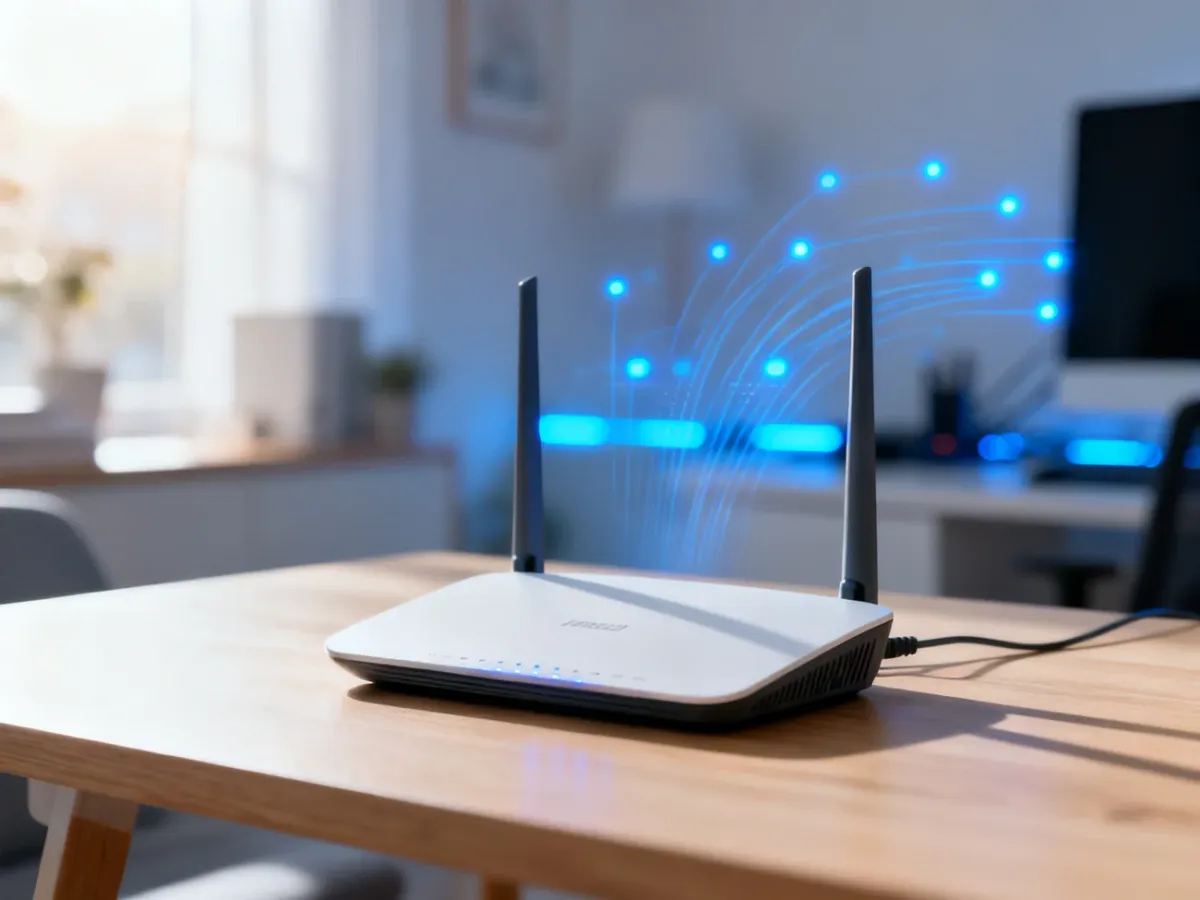 Nowoczesny router bezprzewodowy na biurku w domowym biurze, sygnalizujący aktywne połączenie sieciowe.