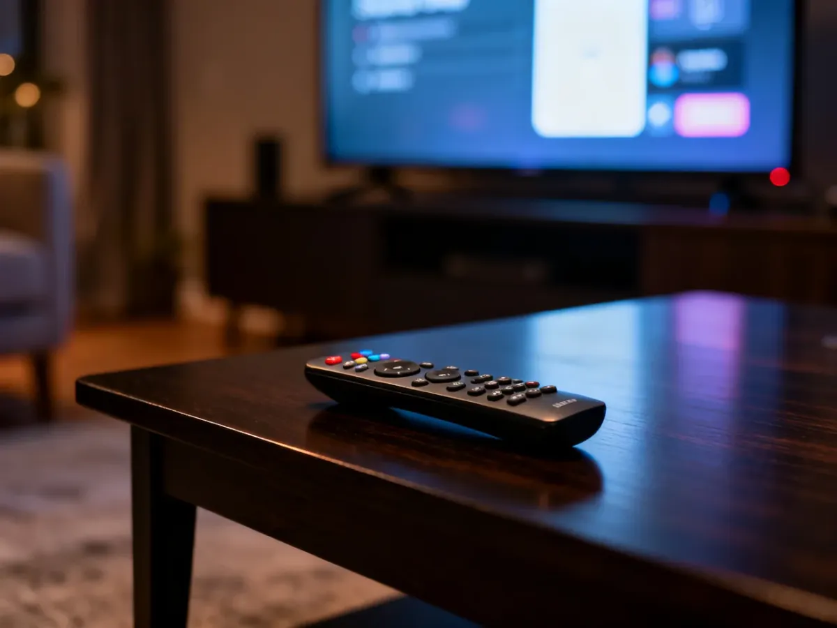 Nowoczesny pilot do dekodera leżący na stole, z rozmytym menu ustawień telewizora w tle.