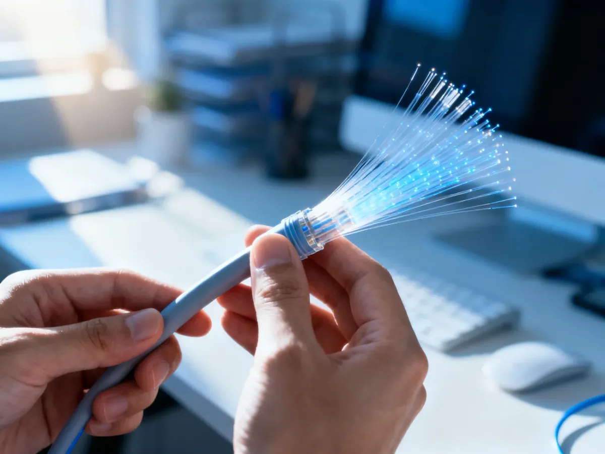 Dłoń trzymająca nowoczesny kabel światłowodowy na tle domowego biura, symbolizująca szybki dostęp do internetu.