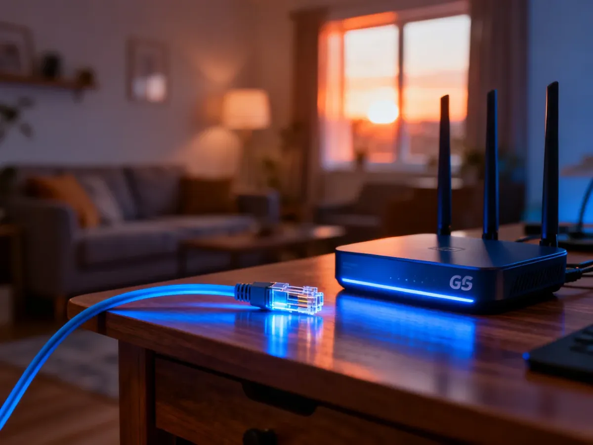 Złącze światłowodowe i router 5G na biurku w przytulnym salonie, ilustrujące wybór między internetem stacjonarnym a mobilnym.