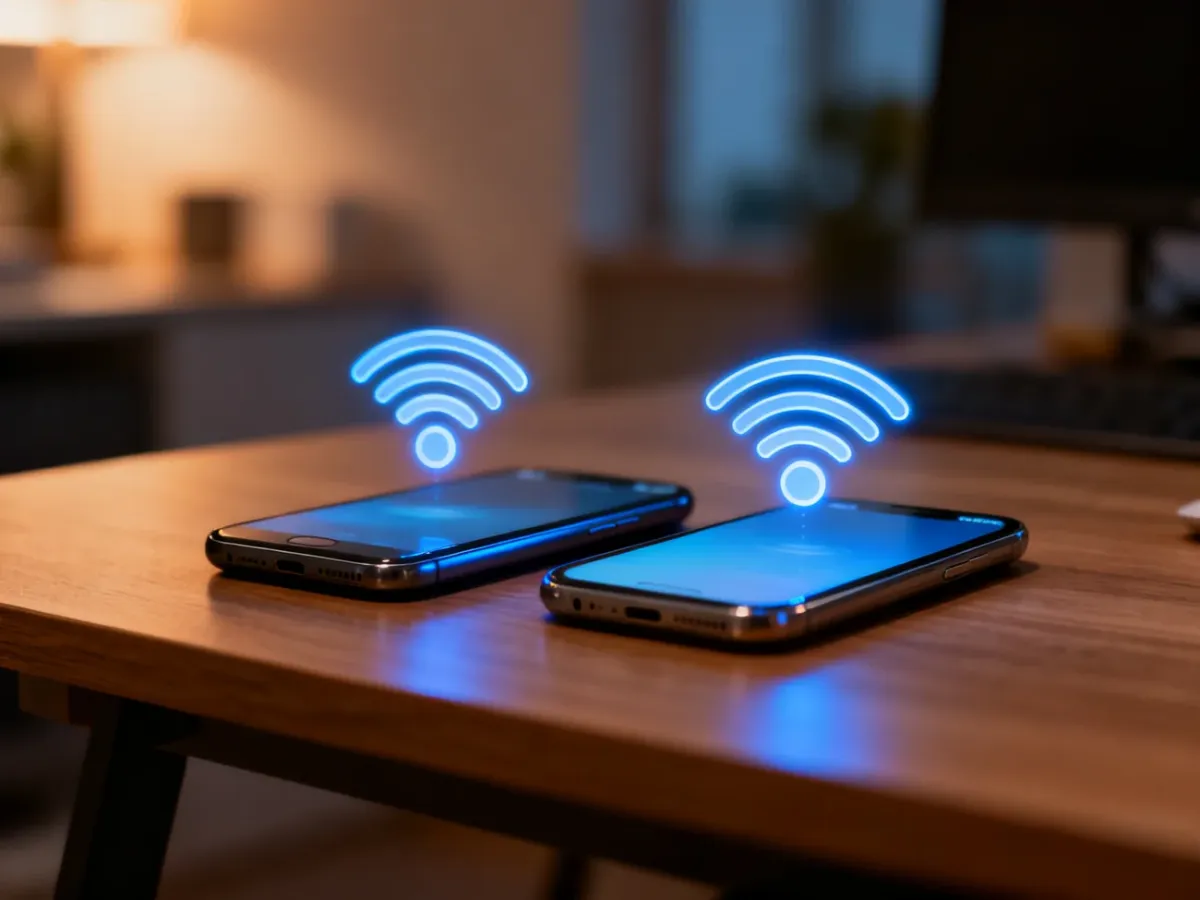 Dwa smartfony leżące obok siebie z ikonami przesyłania danych, symbolizujące aktywne połączenie Wi-Fi Direct.