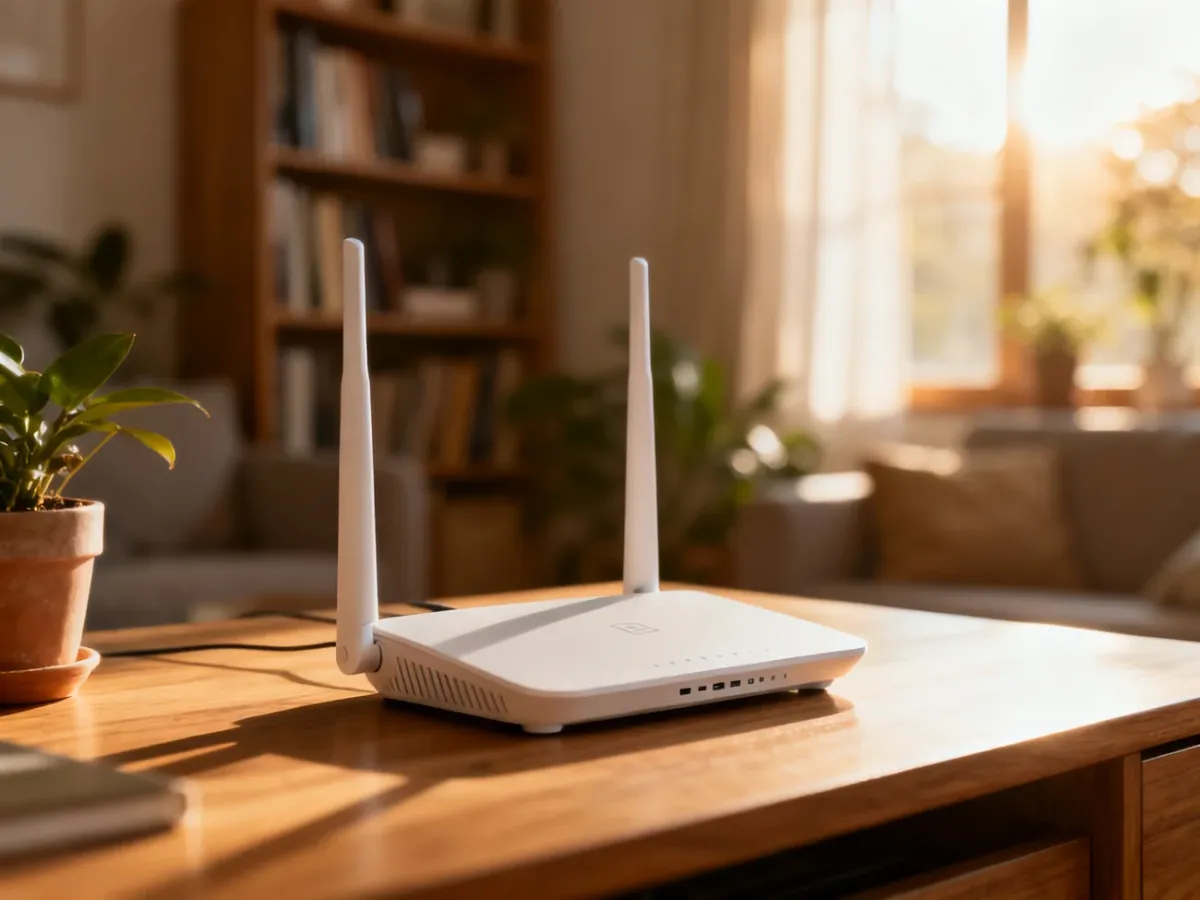 Nowoczesny router Wi-Fi na drewnianym biurku w słonecznym salonie, zapewniający stabilne połączenie w domu.