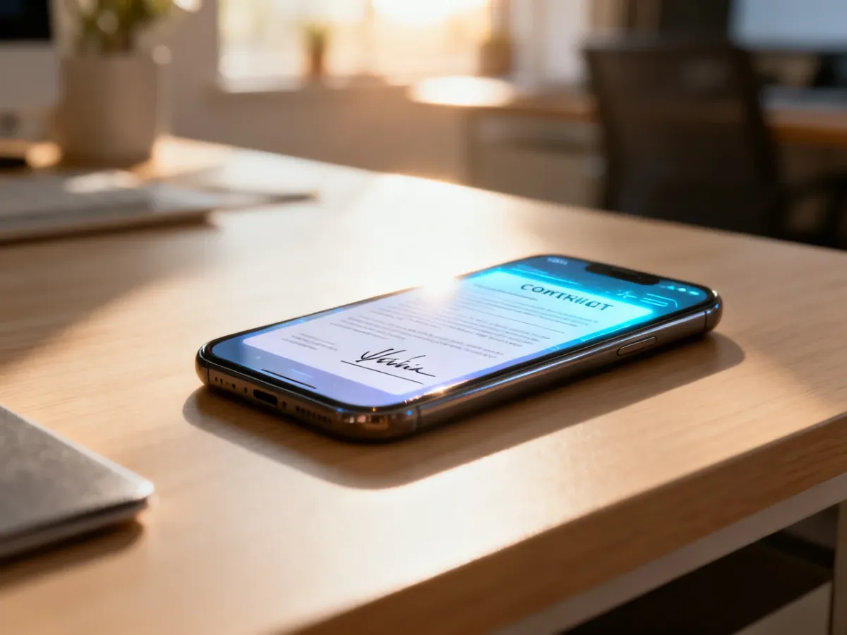 Nowoczesny smartfon z wyświetlonym interfejsem podpisywania umowy online na minimalistycznym drewnianym biurku.