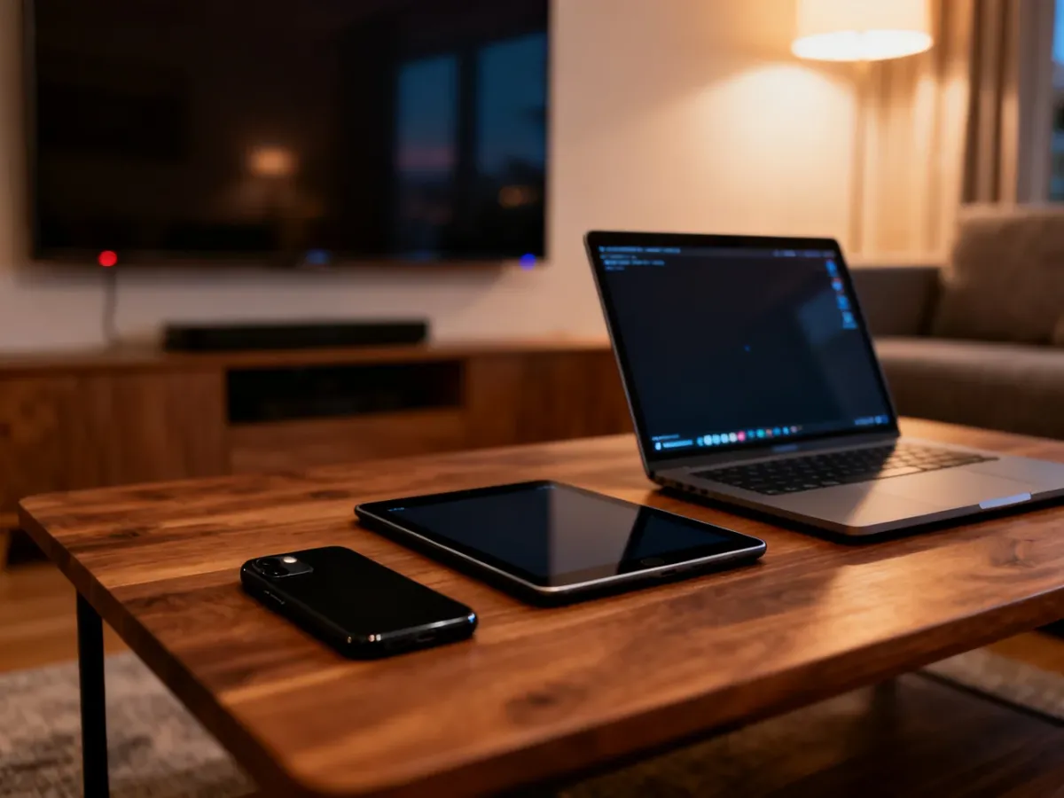 Smartfon, tablet i laptop na stoliku kawowym w przytulnym salonie, symbolizujące korzystanie z Netflixa na wielu urządzeniach.