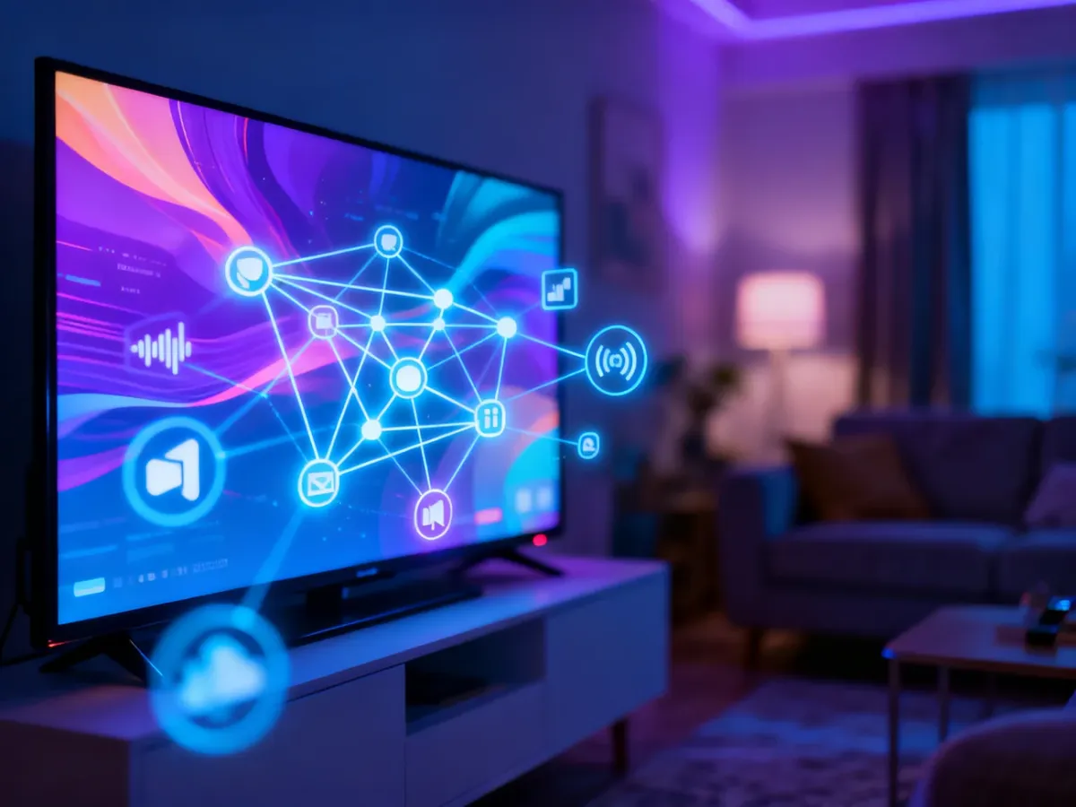 Nowoczesny ekran telewizora Smart TV z cyfrowym interfejsem usług streamingowych w przytulnym salonie.