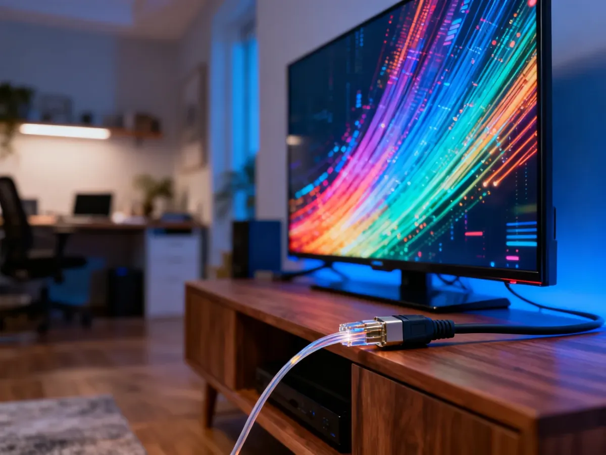 Nowoczesny telewizor wyświetlający kolorowy obraz oraz kabel światłowodowy na szafce, symbolizujące szybkie łącze do IPTV.
