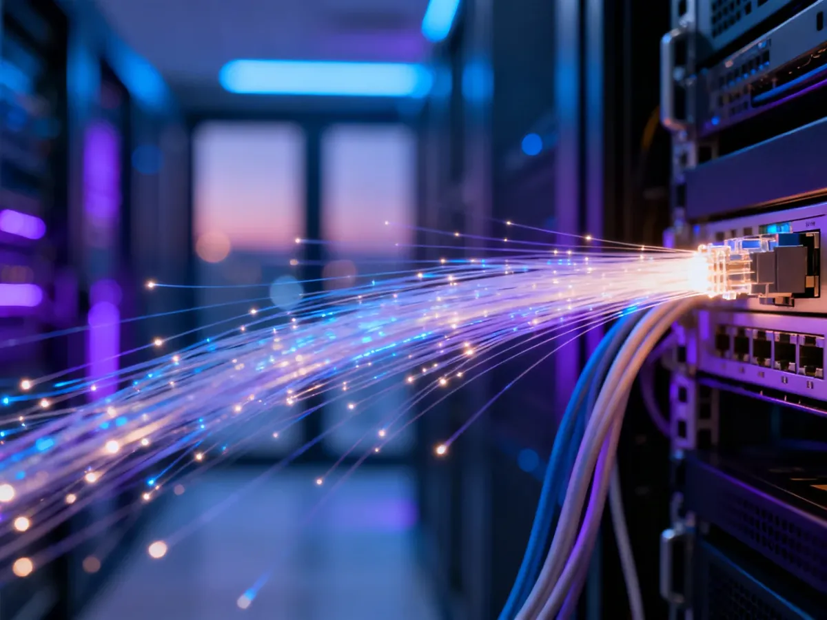 Świecące kable światłowodowe przesyłające dane w nowoczesnej serwerowni, symbolizujące technologię transmisji sygnału IPTV.