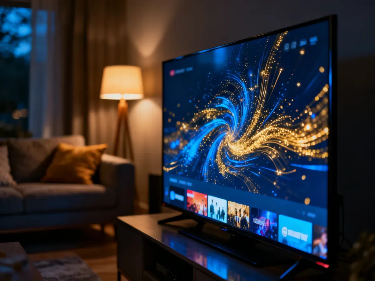 Nowoczesny salon z dużym telewizorem wyświetlającym interfejs serwisu streamingowego, podkreślający komfort oglądania w domu.