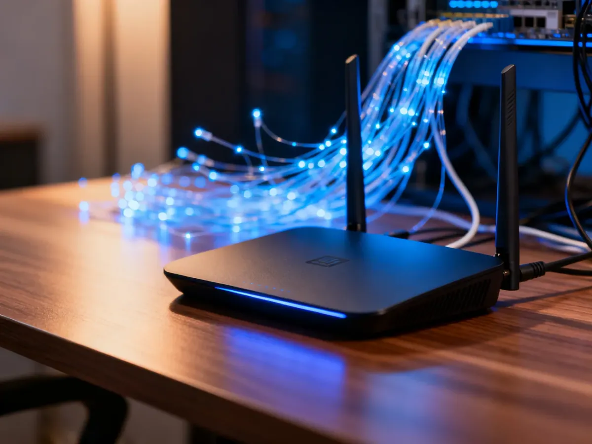 Nowoczesny router bezprzewodowy na drewnianym biurku, symbolizujący działanie szybkiego internetu domowego.