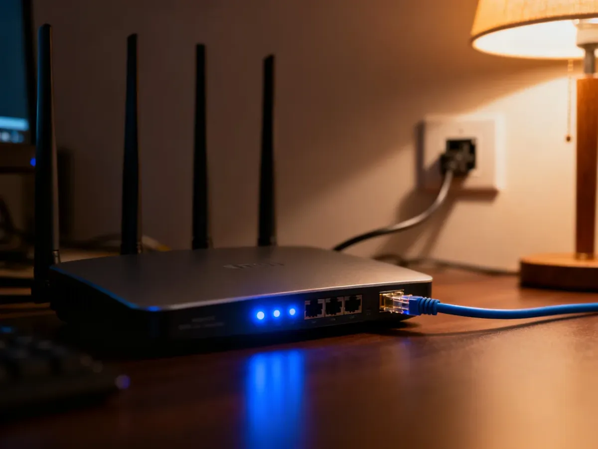 Nowoczesny router z podświetleniem LED w domowym biurze, symbolizujący stabilne połączenie sieciowe.