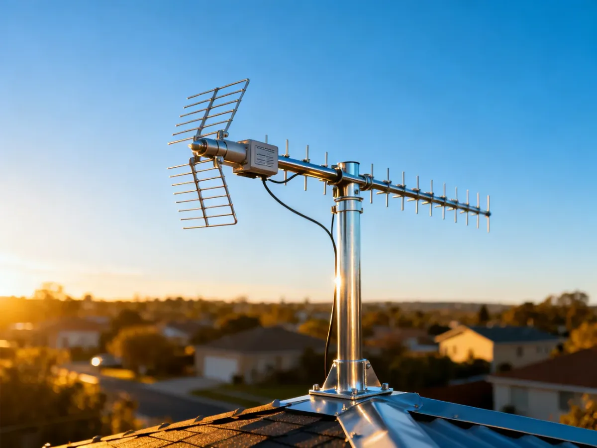 Antena radiowa zamontowana na dachu budynku, zapewniająca dostęp do bezprzewodowego internetu w warunkach domowych.