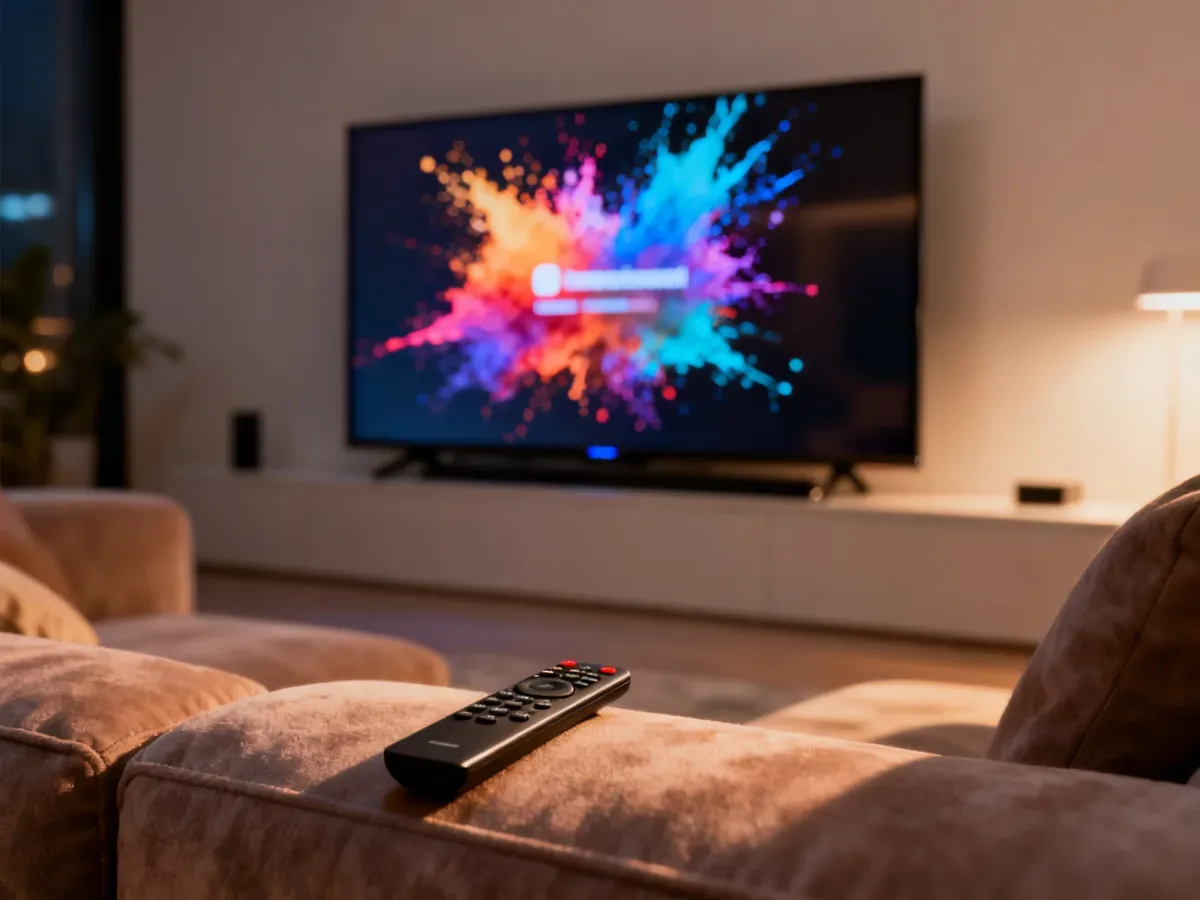 Nowoczesny salon z telewizorem i pilotem na kanapie, tworzący przytulną atmosferę idealną do domowych seansów filmowych.