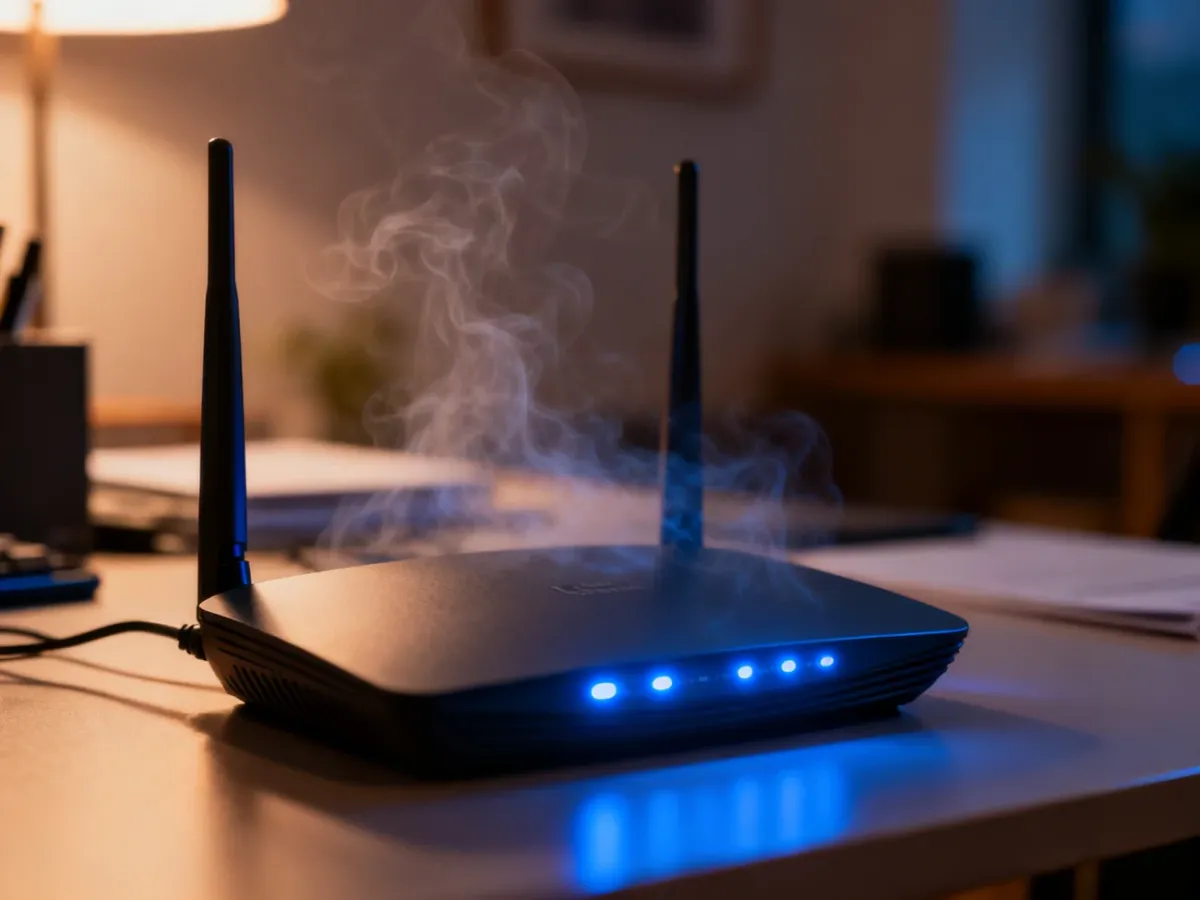 Nowoczesny router z widoczną poświatą symbolizującą przegrzewanie się urządzenia w domowym biurze.