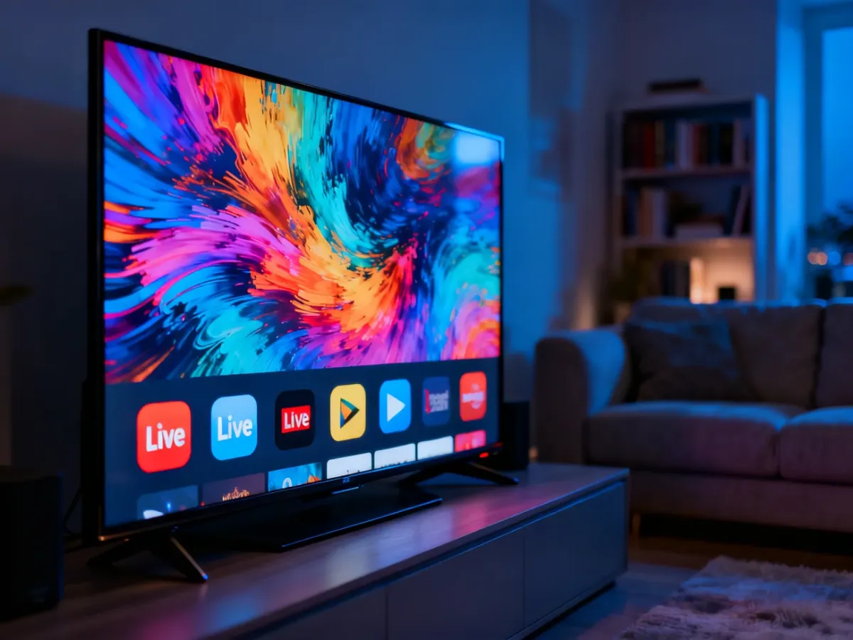 Nowoczesny telewizor w przytulnym salonie wyświetlający interfejs platformy streamingowej z ofertą programów na żywo.