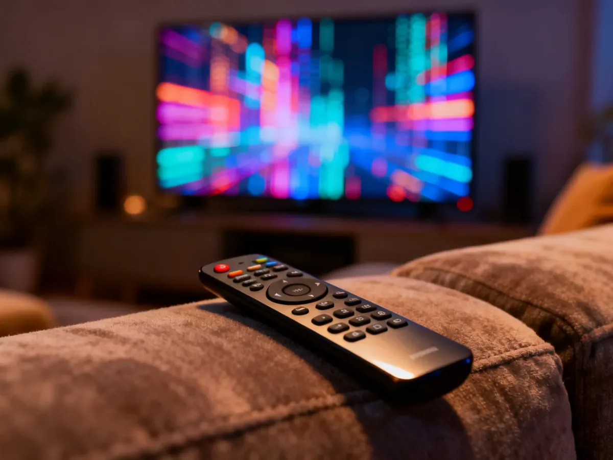 Nowoczesny pilot do telewizora spoczywający na kanapie, symbolizujący łatwe sterowanie ofertą kanałów Polsat Box.