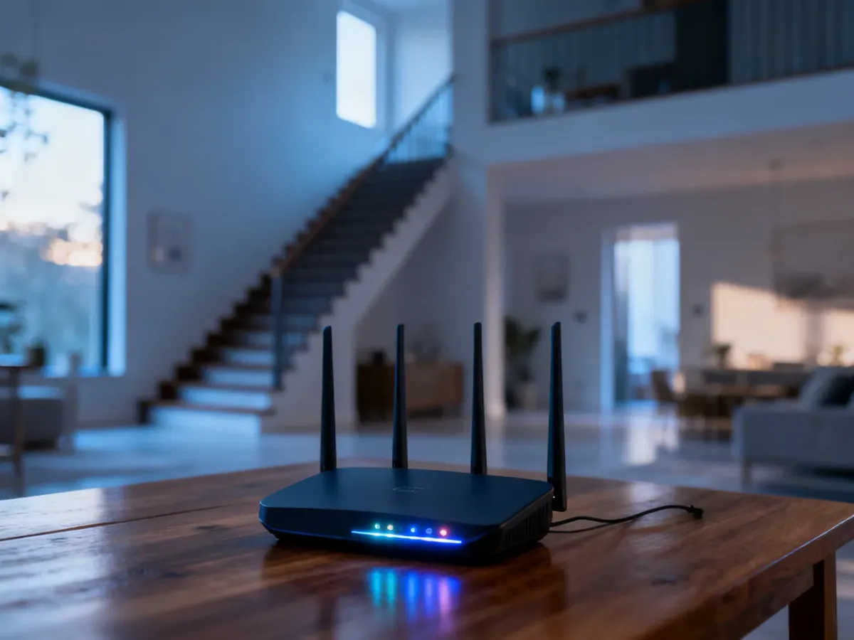 Nowoczesny router Wi-Fi na drewnianym stole w przestronnym domu, zapewniający zasięg na obu piętrach.