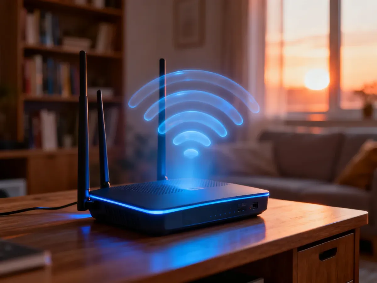 Nowoczesny router Wi-Fi na drewnianym biurku z wizualizacją sygnału, ilustrujący poprawę zasięgu sieci w domu.