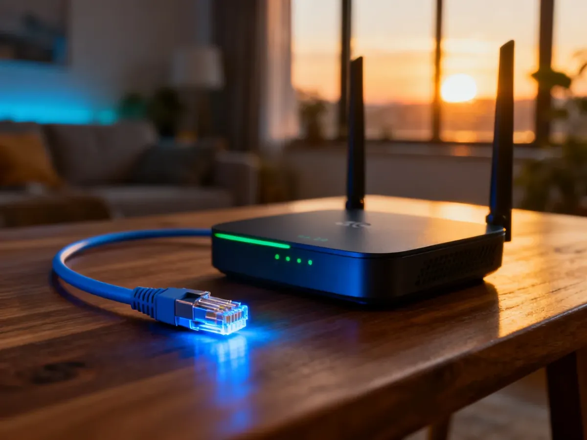 Złącze światłowodowe i router 5G na drewnianym stole, symbolizujące wybór między internetem stacjonarnym a mobilnym.