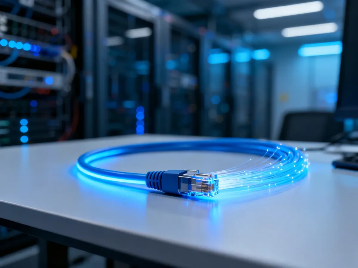 Światłowodowy kabel z niebieskim podświetleniem na nowoczesnym biurku, symbolizujący szybki transfer danych w sieci.