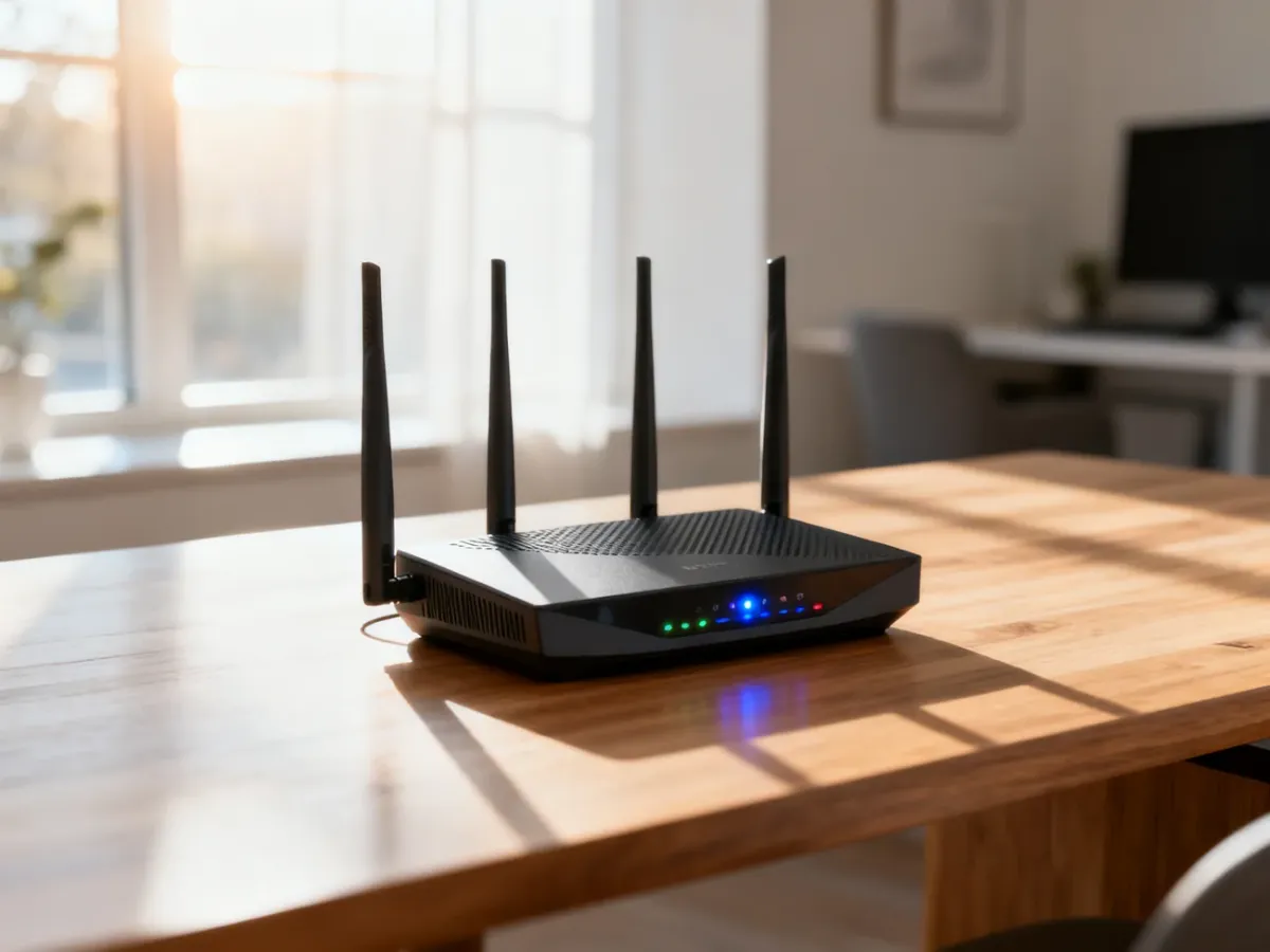 Nowoczesny router Wi-Fi na biurku w minimalistycznym biurze, symbolizujący szybkie i stabilne połączenie internetowe.