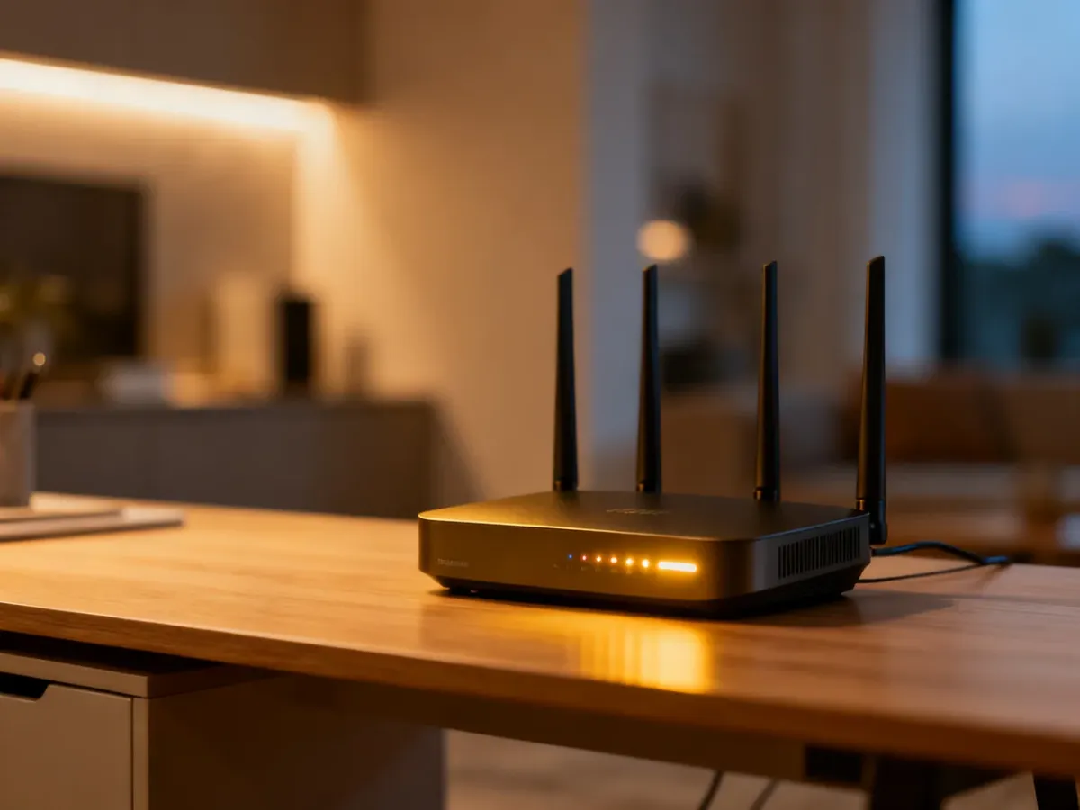Nowoczesny router domowy na minimalistycznym biurku w przytulnym, wieczornym wnętrzu.