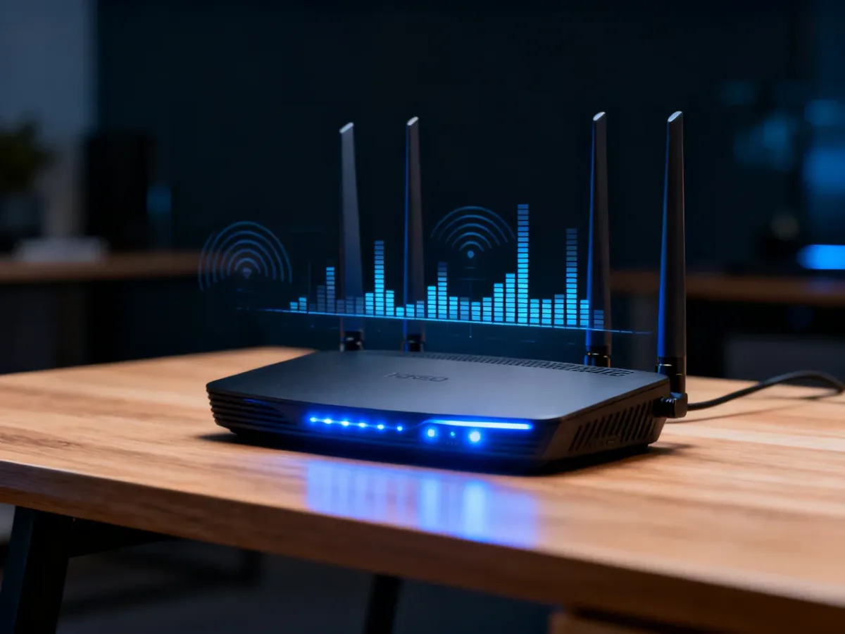Nowoczesny router WiFi na biurku z wizualizacją fal radiowych w tle, ilustrujący działanie sieci bezprzewodowej.