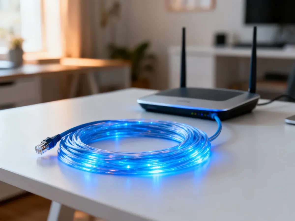 Światłowodowy kabel emitujący niebieskie światło na biurku, symbolizujący nowoczesne i szybkie łącze internetowe.
