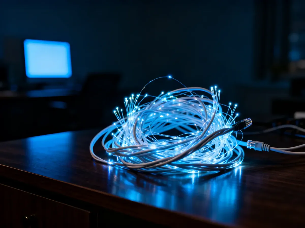Splątane kable światłowodowe na biurku symbolizujące chaos i negatywne aspekty korzystania z internetu.