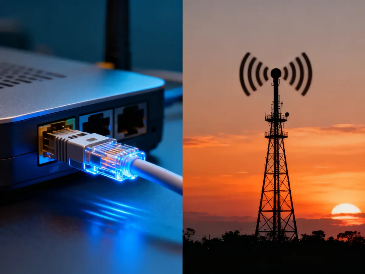 Porównanie technologii: złącze światłowodowe w routerze kontra antena radiowa na tle zachodzącego słońca.