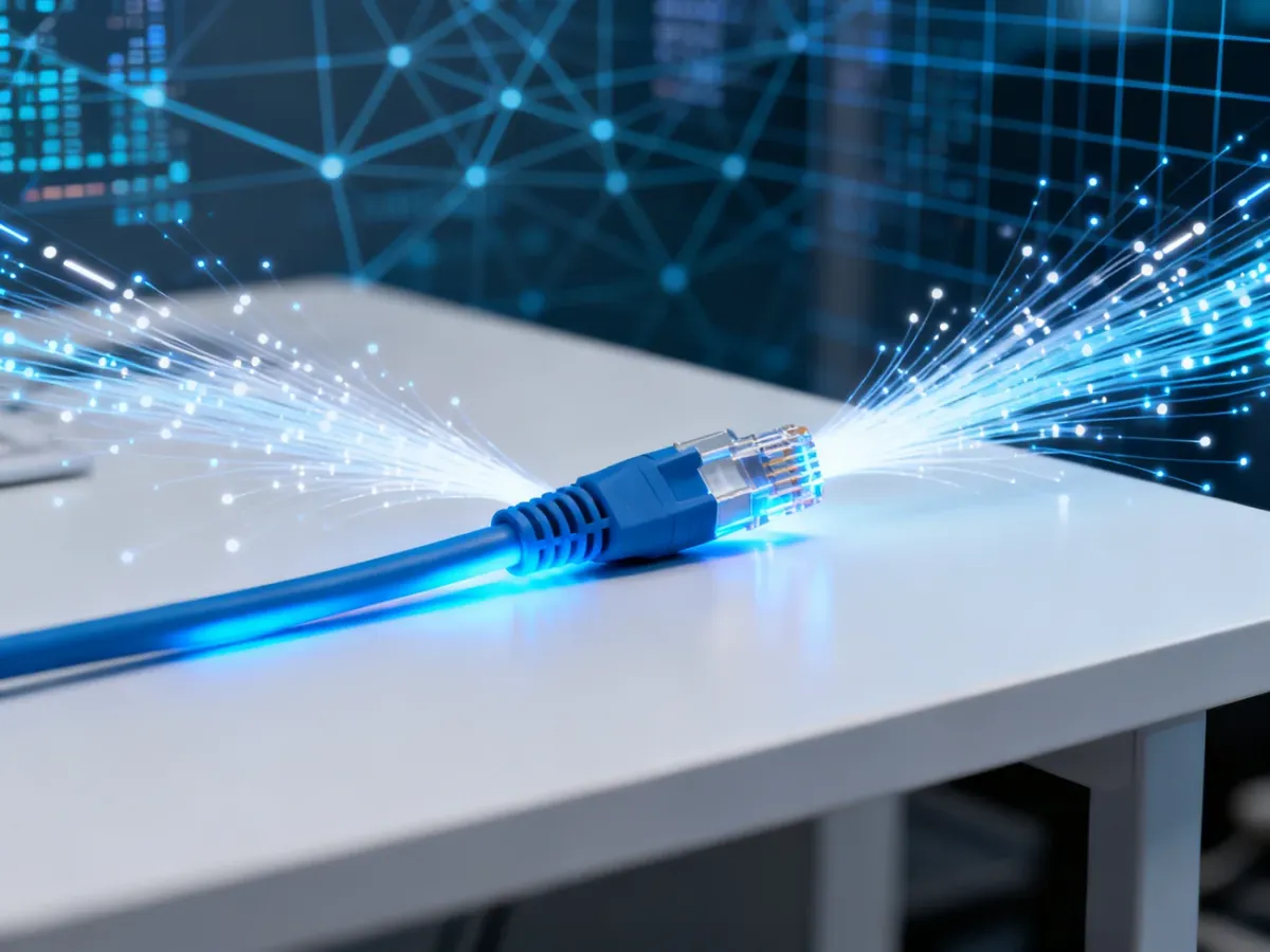 Światłowód na biurku z wizualizacją przepływu danych, symbolizujący szybkie i symetryczne łącze internetowe.