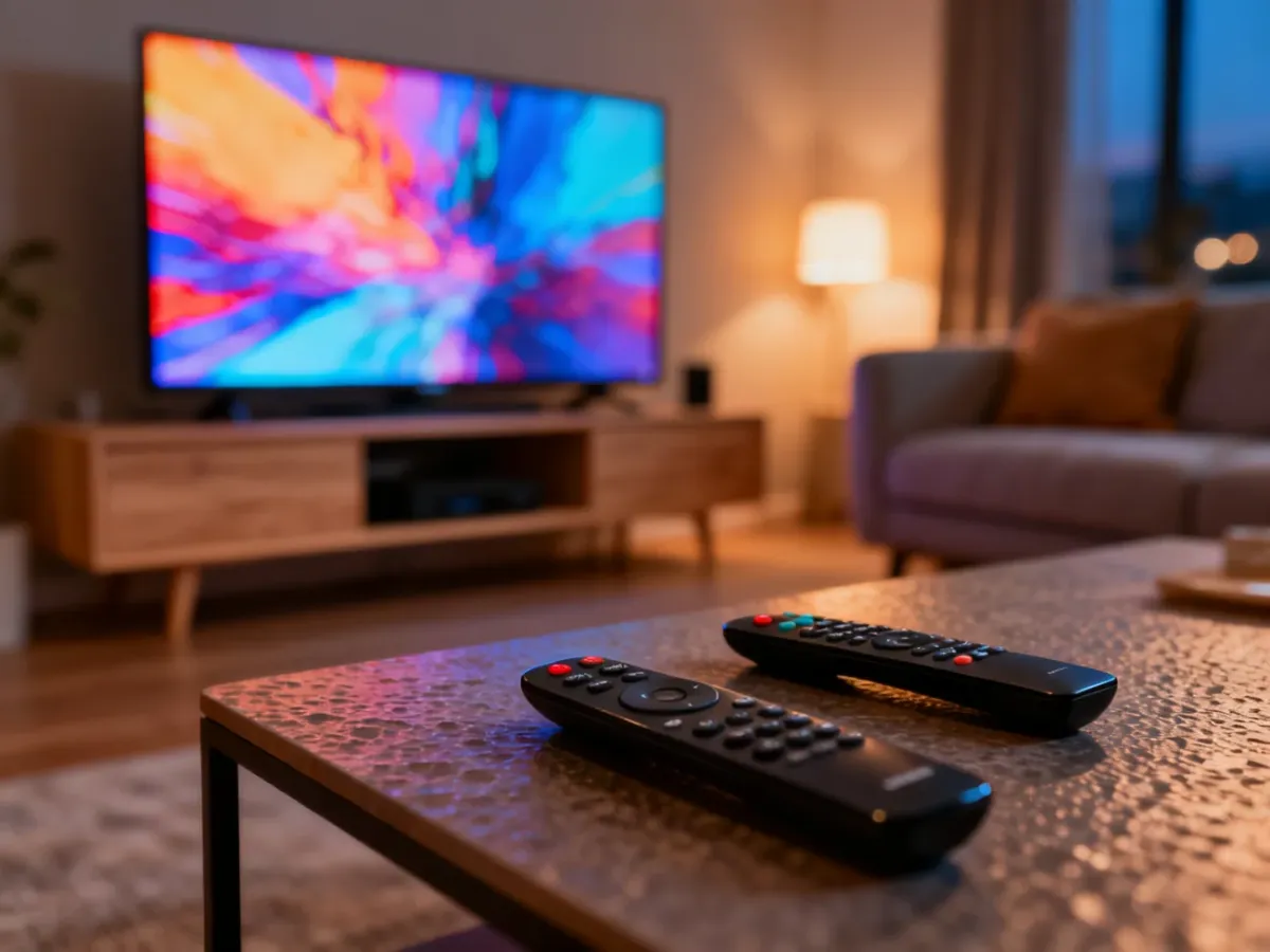 Nowoczesny salon z telewizorem i pilotami na stoliku, przygotowany do wieczornego oglądania filmów i seriali.