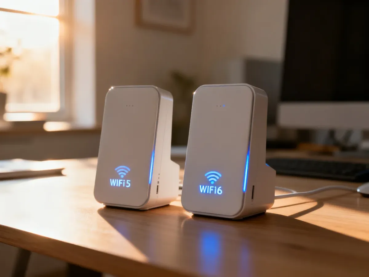 Dwa nowoczesne wzmacniacze sygnału WiFi 5 i WiFi 6 stojące obok siebie na biurku, obrazujące różnice w technologii sieciowej.