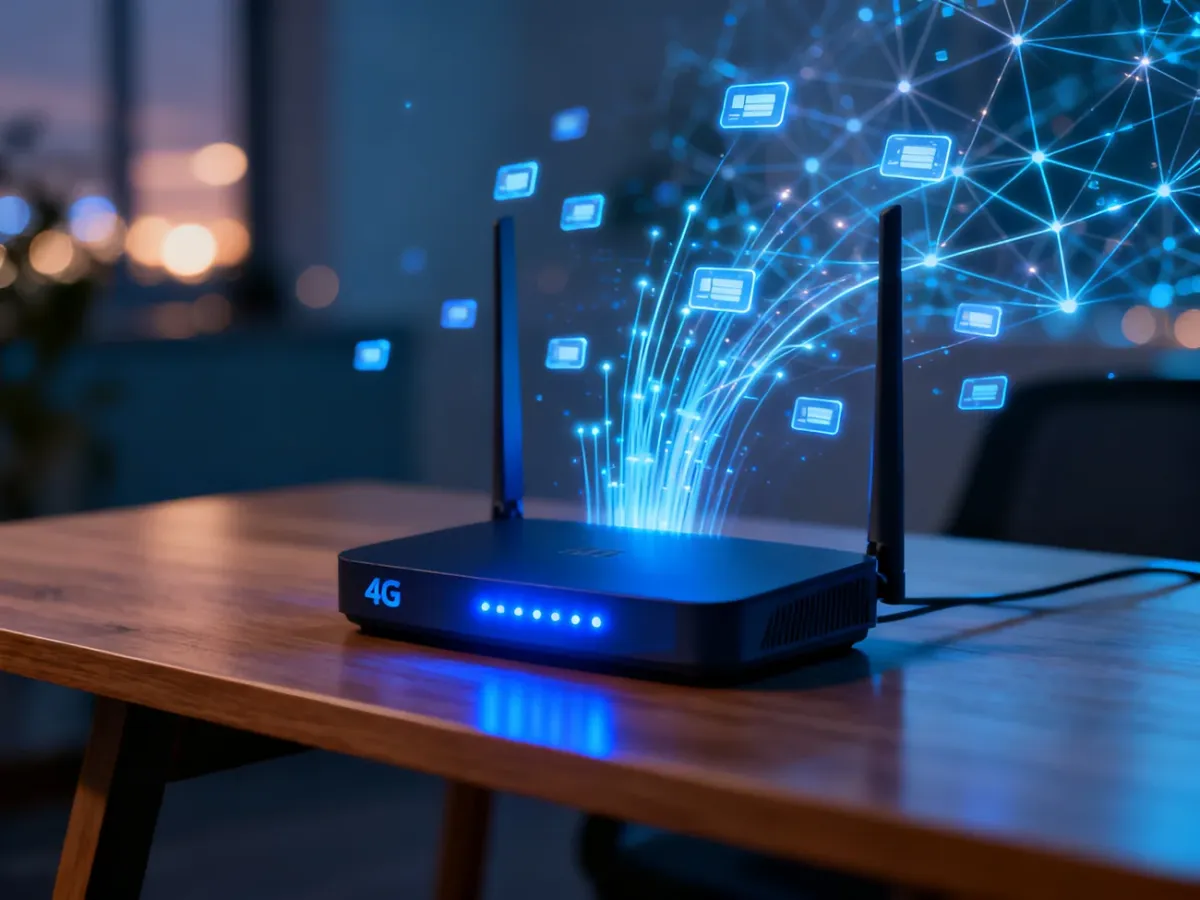 Nowoczesny router 5G na biurku z wizualizacją sieci w tle, symbolizujący stabilne połączenie internetowe.