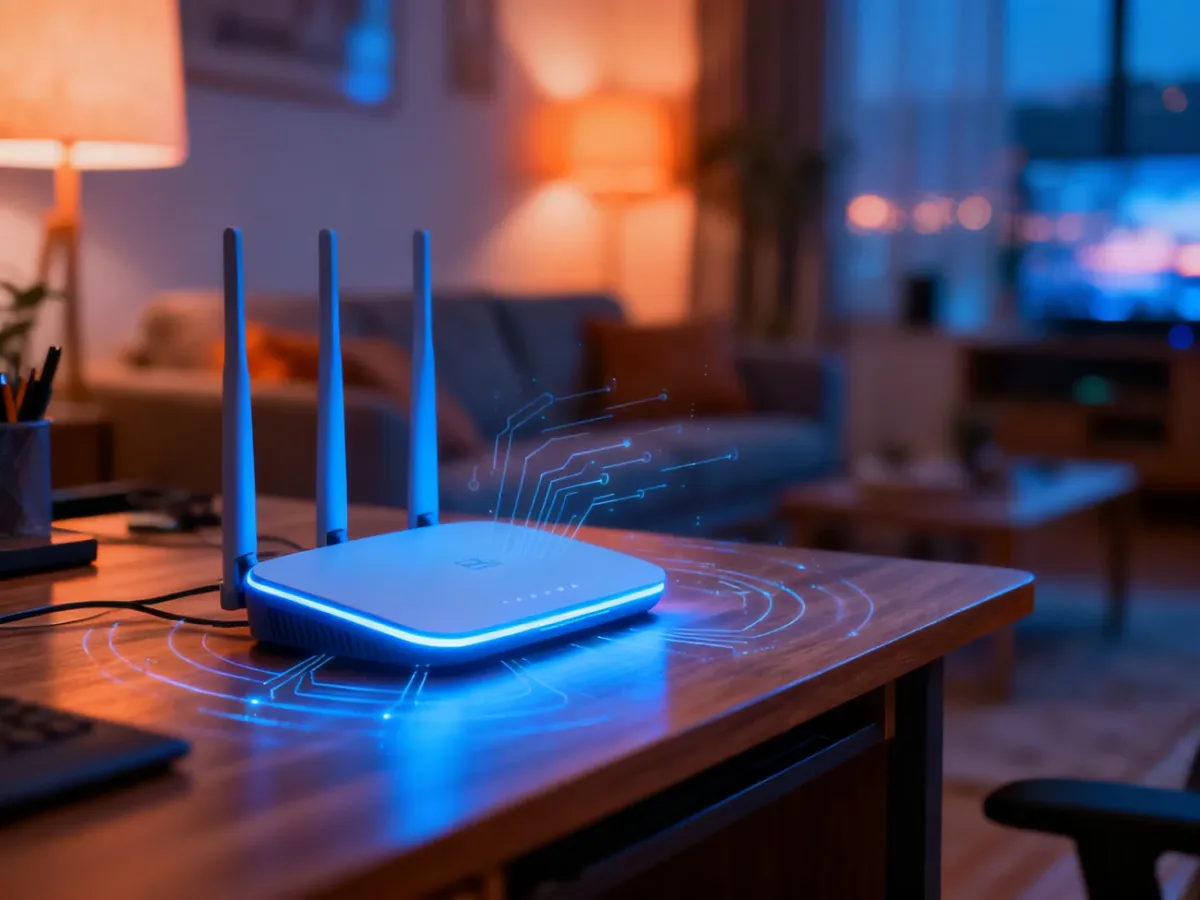 Nowoczesny router Wi-Fi na biurku z wizualizacją połączeń sieciowych w przytulnym salonie.