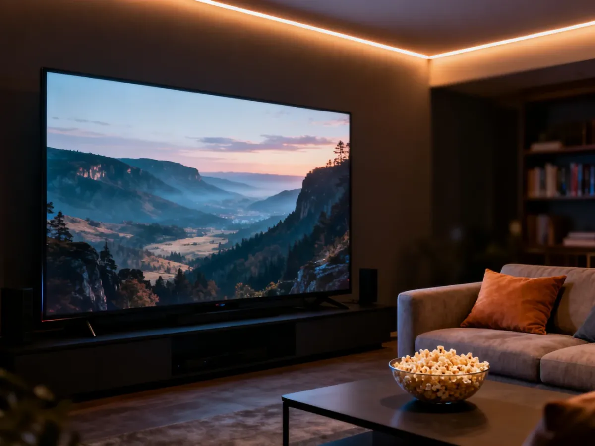 Przytulny salon z kinem domowym, telewizorem i popcornem, zachęcający do wieczornego oglądania filmów.