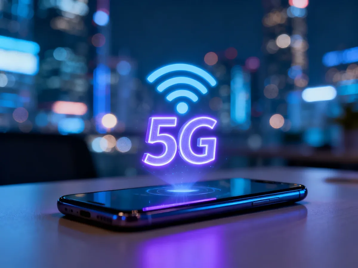 Świecąca ikona sieci 5G unosząca się nad nowoczesnym smartfonem na tle rozmytego, nocnego miasta.
