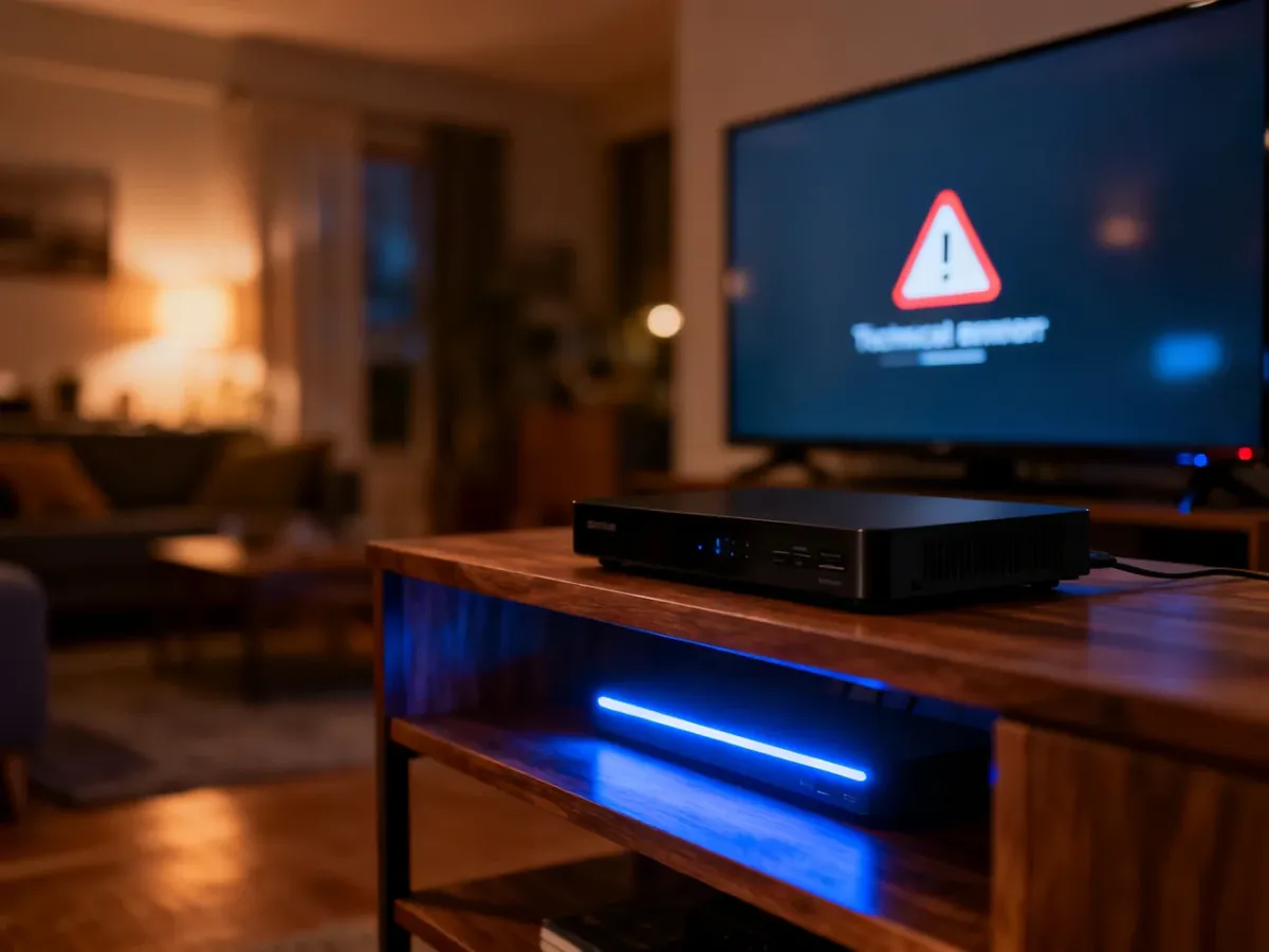 Nowoczesny dekoder z niebieską diodą pod telewizorem wyświetlającym komunikat o błędzie w przytulnym salonie.